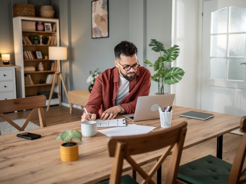 Focused entrepreneur working remotely from home office taking notes