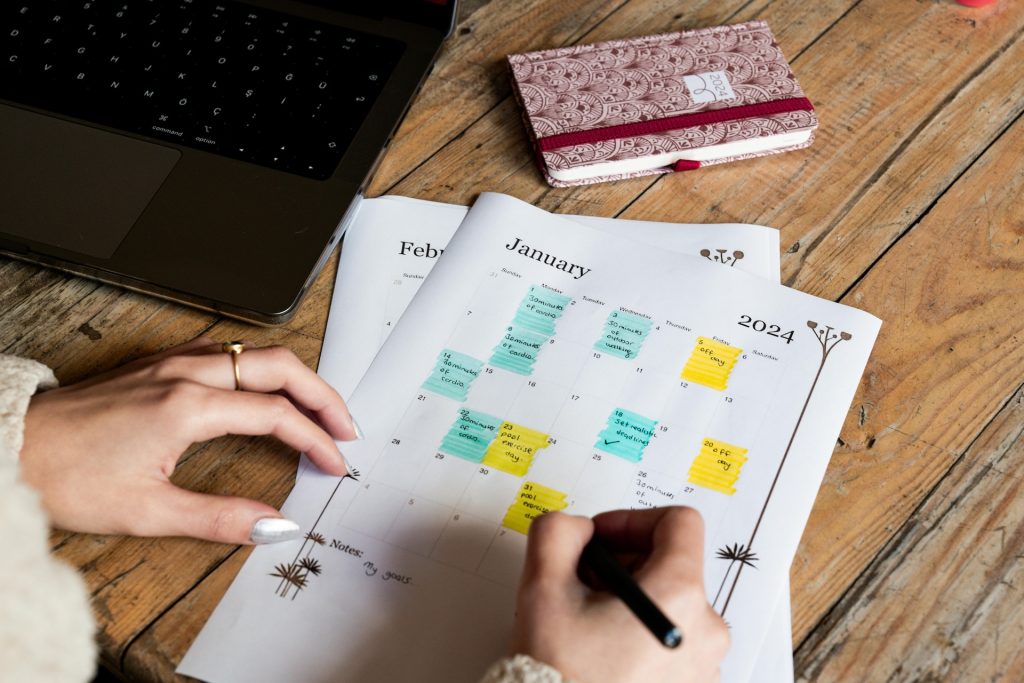 monthly planner with highlighed routine