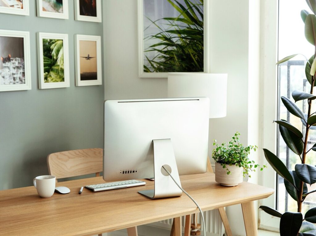 Work from home: cozy workplace for freelancer, programmer with computer, keyboard, mouse and plants