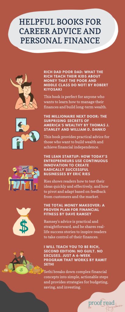 The image says "helpful books for career advice and personal finance" and shows an infographic of money and business-related motivational books. 