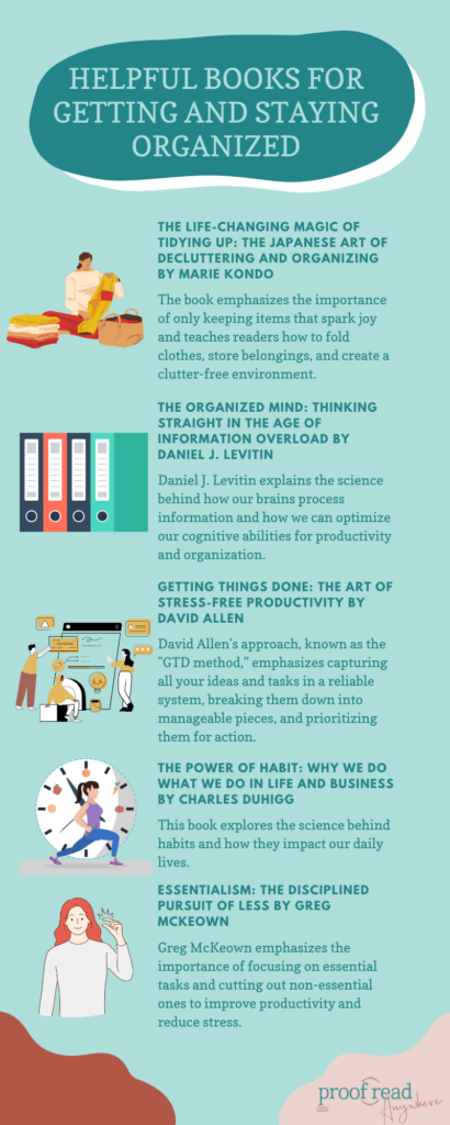 The image says "helpful books for getting and staying organized" and shows an infographic of organization and motivational books. 